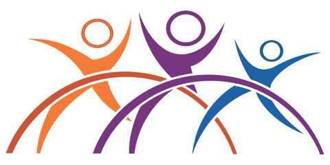 Dynamic abstract figures celebrating success, teamwork, and community spirit in vibrant colors, perfect for branding.