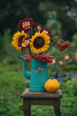 Autumn bouquet of flowers and pumpkin in garden