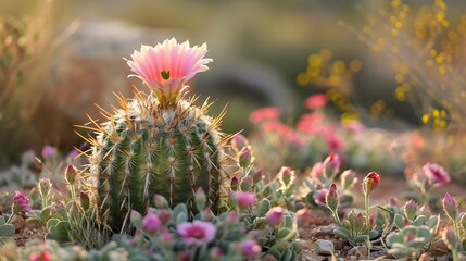 Soft Pink Bloom On A Round Cactus In Sunny Desert Garden With Small Succulent Plants