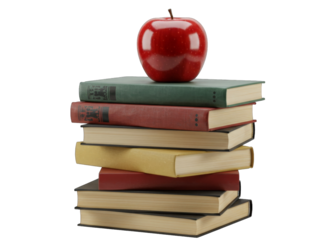 Stack of books with red apple on top png isolated on transparent background