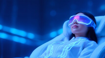 Woman wearing futuristic virtual reality headset. Girl immersed in augmented reality for medical education or therapy. Innovative healthcare technology.