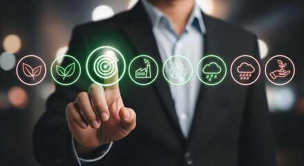 Businessman touches futuristic digital interface with icons representing sustainability and technology