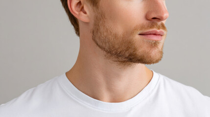 Obraz premium Handsome young caucasian man with beard in minimal white tee shows relaxed and calm expression. Closeup profile portrait looking away on simple gray background