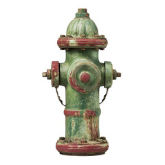 Fototapeta premium PNG of Vintage green and red fire hydrant with a weathered look against a plain background.