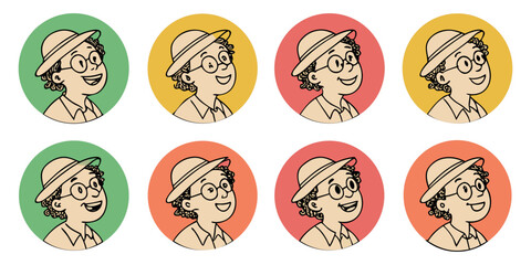 Fototapeta premium Smiling cartoon character wearing hat and glasses in colorful circles, perfect for playful designs and cheerful projects
