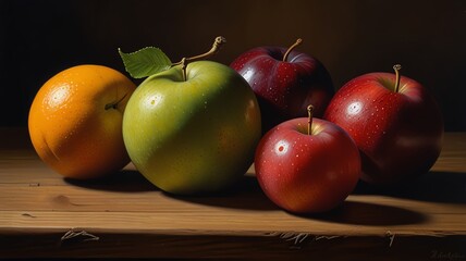 Fresh fruit assortment, colorful apples and orange on wooden table, studio lighting, healthy food, vibrant colors, still life.