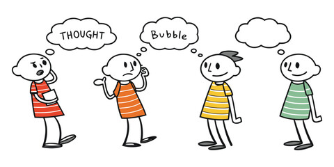 Four stick figures pondering thoughts and ideas with speech bubbles, great for brainstorming and concepts
