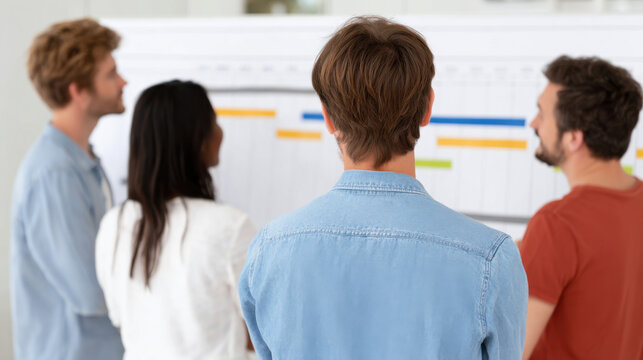 Focused business team in meeting, planning project strategy. group standing around gantt chart on wall, discussing work timeline and office collaboration