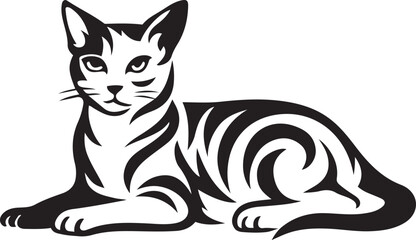 Stylized black and white cat lying down illustration, Feline animal silhouette cat resting design
