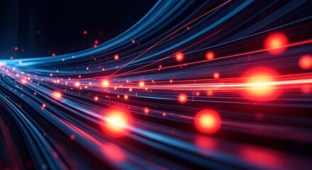 High-speed data streams with glowing red lights. Concept of digital traffic, network speed, and information highway. A motion blur effect of fiber optic cables transferring data.