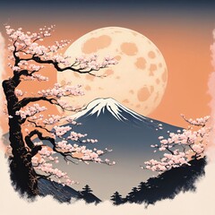 Cherry Blossoms and Fuji under the Moon