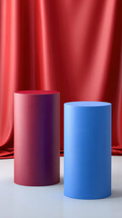Elegant red and blue cylinder podium display on stage with red curtain background. modern, minimal product pedestal for presentation or showcasing