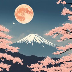 Sakura Moonlight at Mount Fuji