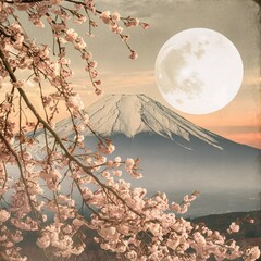 Full Moon over Mount Fuji with Cherry Blossoms