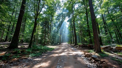 Fototapeta premium Sunbeams pierce the dense green canopy illuminating a dirt path through a sun dappled forest