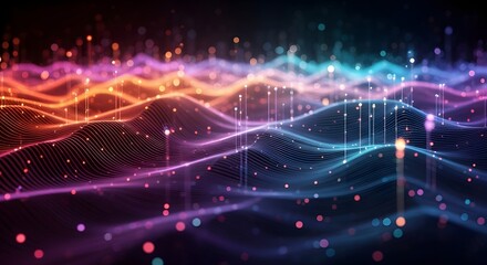 A digital landscape of colorful sound waves. Concept of AI data analysis, music visualization, and neural networks. Luminous particle streams with connecting nodes on a dark background.
