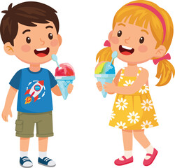 Cartoon boy and girl eating ice cream together, cute children holding cones, happy kids enjoying summer treat illustration with smiling faces