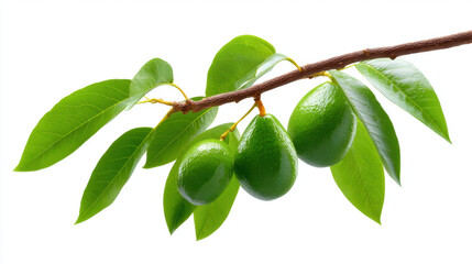 Fresh avocado tree branch with vibrant green leaves and unripe fruit isolated on white background. Natural, healthy food from garden representing organic and raw eating