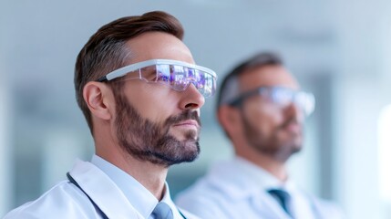 Male doctor using virtual reality glasses for medical examination. Future healthcare and innovative technology in medicine. Telemedicine concept.