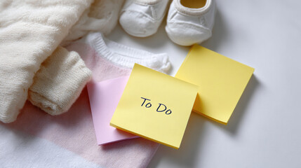 Flat lay of newborn baby items shows to do list on sticky note. Gentle preparation and planning with soft clothing, blanket, and white shoe for new infant awaiting arrival