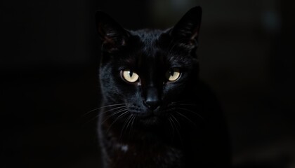 Fototapeta premium Mysterious Black Cat with Striking Yellow Eyes in Dim Lighting