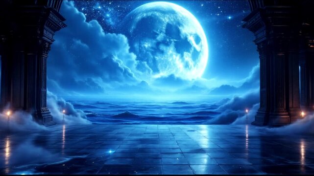 Serene Moonlit Ocean:  Dreamlike Fantasy Palace Backdrop Loop