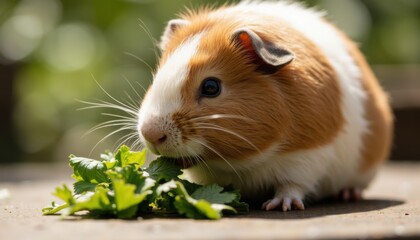 Adorable Guinea Pig Enjoying Fresh Green Cilantro in Sunlight