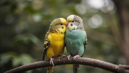 Obraz premium Colorful Budgerigars Sharing Affection on a Branch in Nature