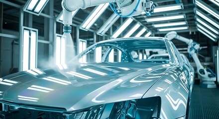 Fototapeta premium Car painting robot arm automated process Modern factory technology Industrial production line High tech manufacturing Vector illustration