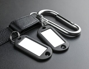 Two blank name tags on a black leather strap with a metal carabiner
