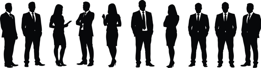 Business people silhouettes in formal suits, teamwork concept, corporate professionals, office staff illustration, leadership and management icons for business