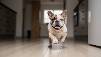 Playful French Bulldog Running Joyfully in Modern Kitchen