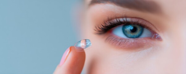 Woman holding contact lens on her finger close up. Vision correction solution for ophthalmology, eye health and optical care.