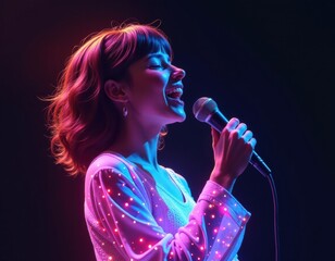 Vibrant Female Singer Performing on Stage with Neon Lights