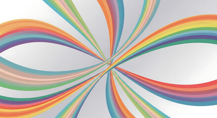 Vibrant, swirling rainbow ribbons radiate outward from a central point, creating a dynamic and colorful design.