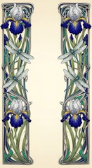 An ornate Art Nouveau border design, with large, stylized iris flowers in the corners and elegant dragonflies on the sides, intricate flowing whiplash lines made of polished silver and enamel
