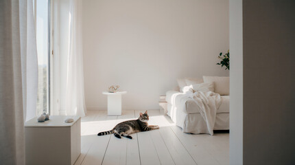 Unwind with a minimalist kitty in a chic white room, ideal for modern pet design and interior project inspirations