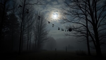 Fototapeta premium Misty Landscape with Lanterns Hanging in Dim Light of Night Sky