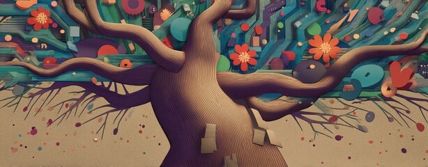 Obraz premium a diverse family summer reunion Abstract digital art of a stylized tree with flowing branches, colorful geometric leaves, and vibrant background patterns a multigenerational family summer