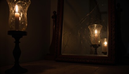 Antique Candlelight Reflection in Dark Room with Cracked Mirror