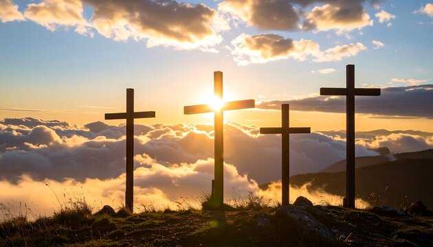 Four wooden crosses stand silhouetted on a hilltop against a sunrise bursting through clouds, a hopeful and spiritual scene