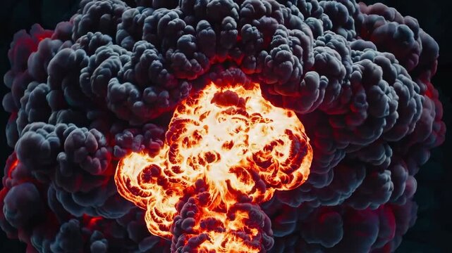 Bright flames explosion with heavy smoke and sparks radiating outward, isolated on black background, cinematic realistic effect, ideal for VFX overlays and stock usage