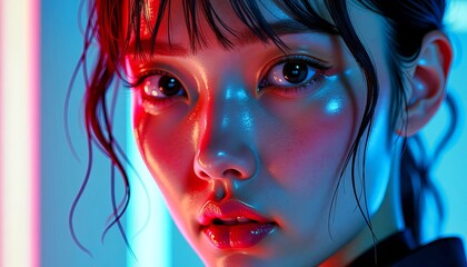 Close-up portrait of a young woman with expressive eyes and colorful neon lighting