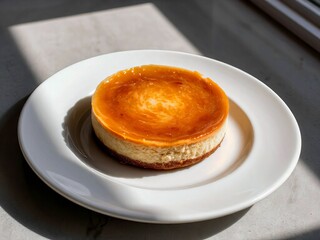 Creamy caramel cheesecake on a white plate with soft sunlight in the background
