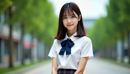 Cheerful young woman in school uniform posing outdoors in a tranquil urban setting
