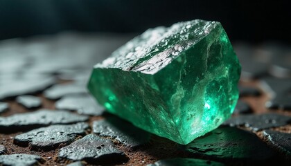 Close-up of a raw green emerald on a textured surface with dramatic lighting