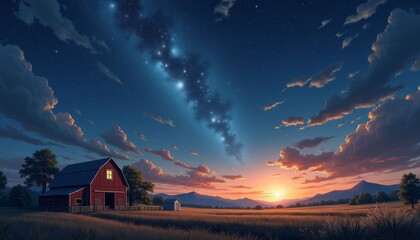 Stunning sunset over a rustic barn with a starry sky and mountains in the background
