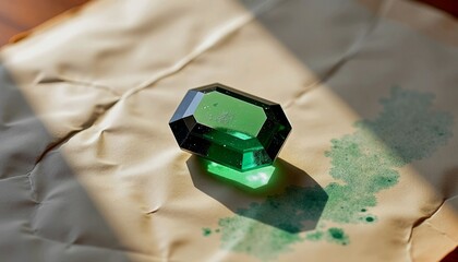 Close-up of a beautiful green gemstone on textured paper with dramatic lighting