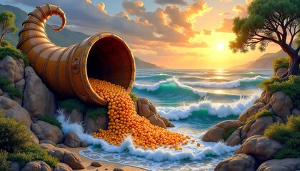 Fantastical scene of a giant horn spilling oranges onto a coastal beach at sunse