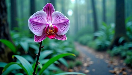 Vibrant orchid flower in a misty forest setting with lush green foliage